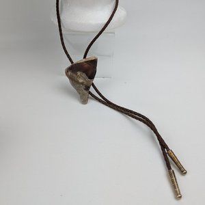 Vintage 2" Stone Agate Slide Western Bolo Tie 18" Long Brown Cord w/ Metal Tips